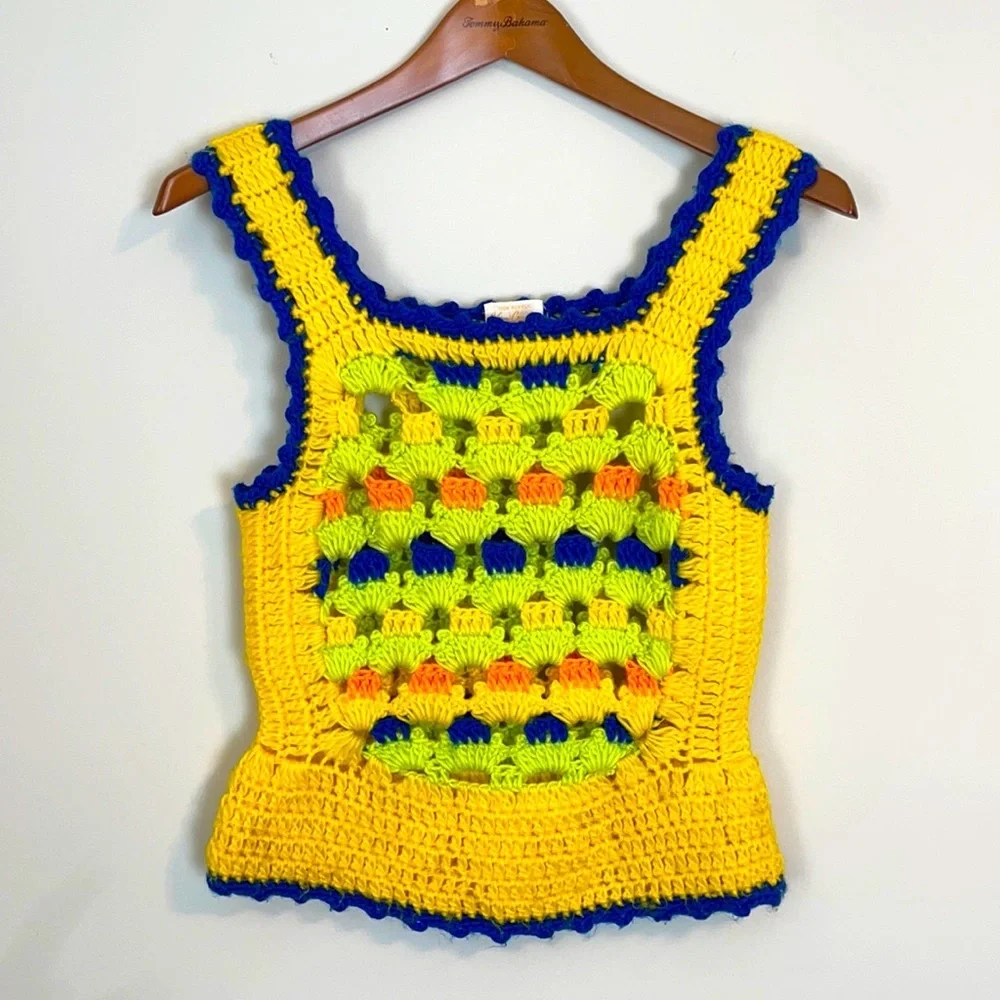 Hand-Crocheted Yellow & Multicolor Tank Top - Picture 1 of 9